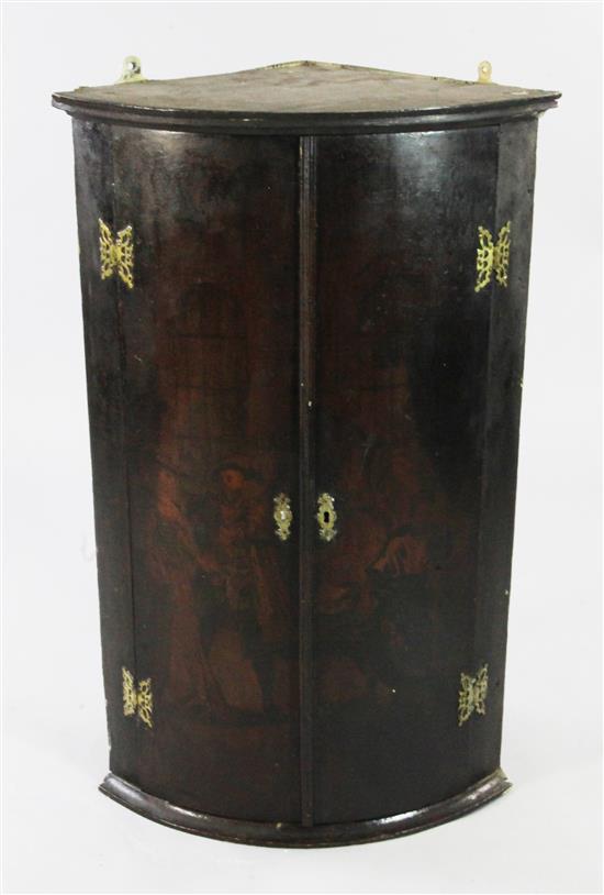 A George II painted bowfront corner cupboard, H.3ft